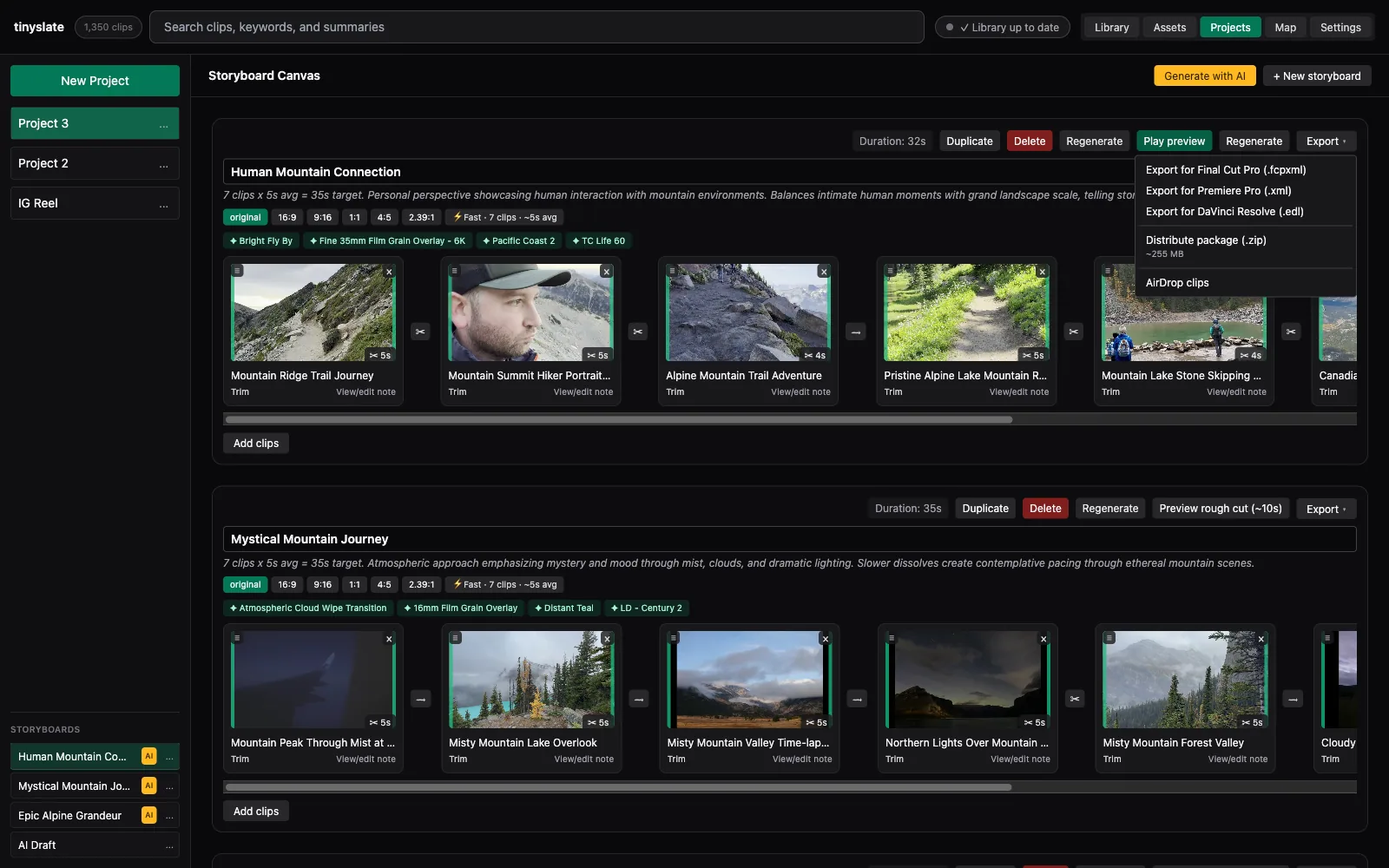 Export options for Final Cut, Premiere, and Resolve