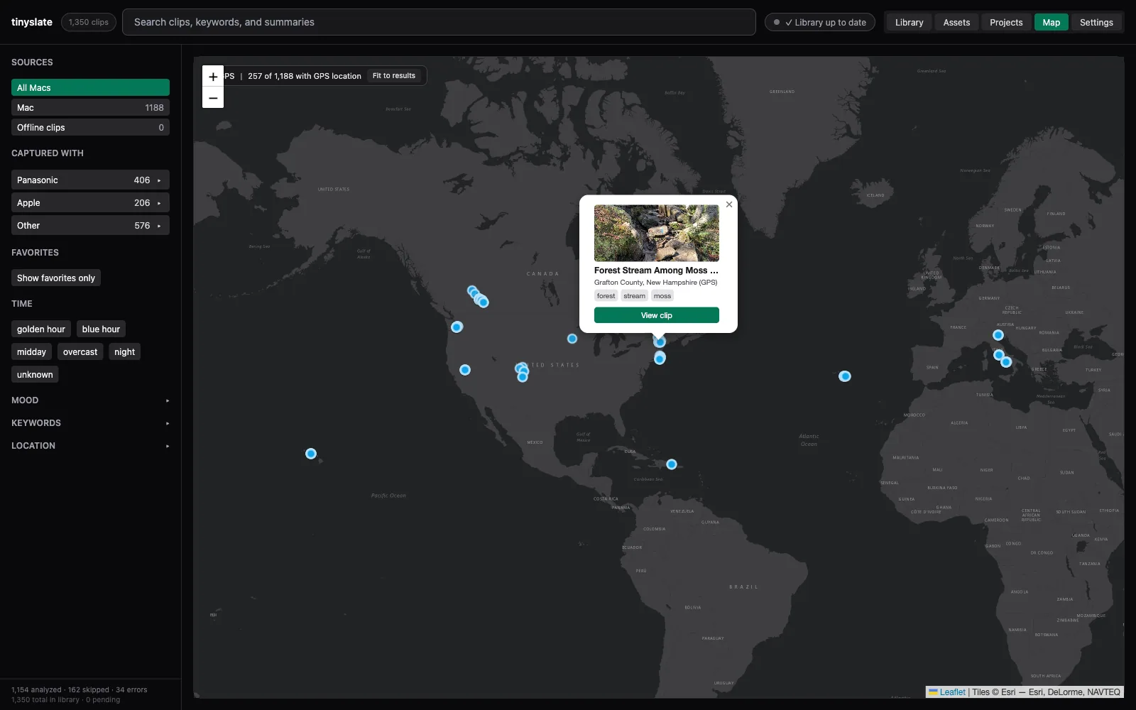 Map view of GPS-tagged clip locations
