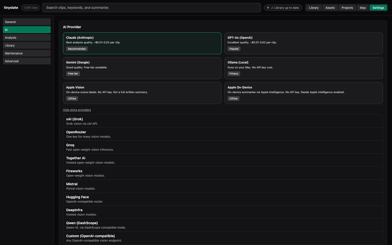 TinySlate Settings showing Claude, OpenAI, Gemini, Ollama, Apple Vision, Apple On-Device, and extra providers including OpenRouter, Grok, and Groq